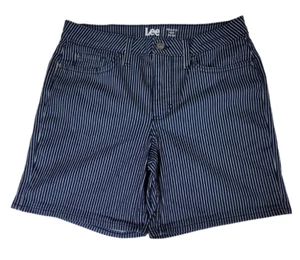 Lee Shorts 10 Medium Mid Rise Blue White Railroad Pin Striped Cotton Blend Denim - Picture 1 of 9
