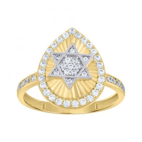 Anillo religioso 10kt oro dos tonos circonita cúbica lágrima estrella de David símbolos Foto 1 de 1