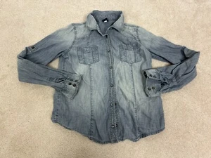 Gap Shirt Boys Youth XXL Blue Chambray Snap Button Roll Tab Youth Kids - Picture 1 of 12