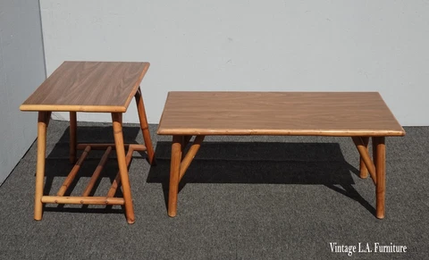 Set Vintage Mid Century Modern Bamboo Coffee Table and End Table w Laminate Top Cover