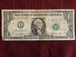 OLD RARE SERIES 1981 $1 ONE DOLLAR BILL - SERIAL NUMBER K 13581229 C - Picture 1 of 2