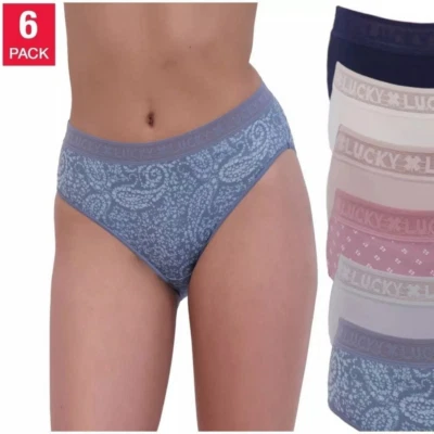 Paquete grande de 6 bragas de espalda completa de corte alto Lucky Brand para mujer - azul malva Foto 1 de 3