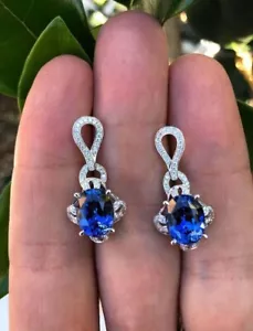 2Ct Oval Cut Lab Created Sapphire Drop Dangle Earrings 14k White Gold Plated - Picture 1 of 3