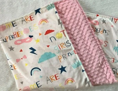Baby Gift Blanket Minky Pink Superhero Princess Girls Rainbow Shower Present - Image 1 of 4