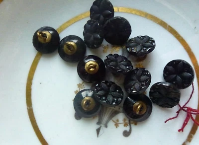 Victorian Black Glass Tiny Boot Buttons x 14 Metal Shank - Image 1 of 4