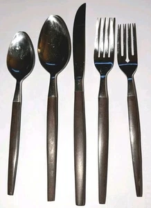 Vtg EKCO Eterna Canoe Muffin Wood Flatware 5-Pc Place Setting SS & Wooden MCM A+ - Picture 1 of 16