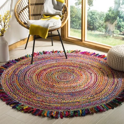 Cape Cod Collection Area Rug - 8' Round, Ivory & Red, Handmade Boho Fringe Ju... - Image 1 of 3