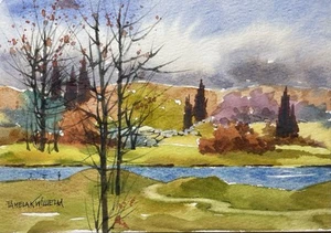 Original Pamela Wilhelm 5x7” Watercolor Landscape Trees River Summer Splendor - Picture 1 of 1