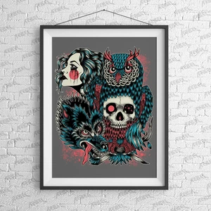 Flash Wolf Art Print - Tattoo, Office, Alt, Alternative, illustration AP020 - Picture 1 of 3