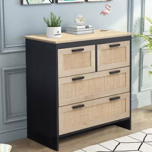 Rattan Wooden Chest of 4Drawers Storage Cabinet Kitchen Tableware Tidy Sideboard - Picture 1 of 13