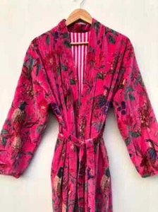OFMD Lujo Terciopelo Chaqueta Abrigo Kimono Color Rosa Estampado Pájaro Kimono Chaqueta Larga - Imagen 1 de 8