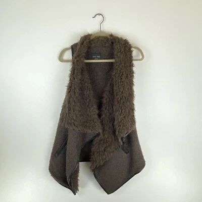 Love Tree Women Medium Faux Fur Vest Cardigan Brown Open Front Wool Blend Hi Low - Image 1 of 4