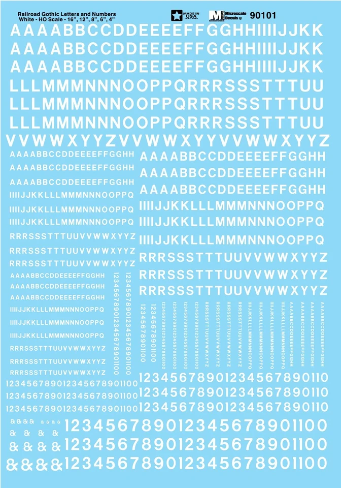Microscale Decals 90101 HO 1/87 Railroad Gothic Letters Numbers White Waterslide - Image 1 of 1