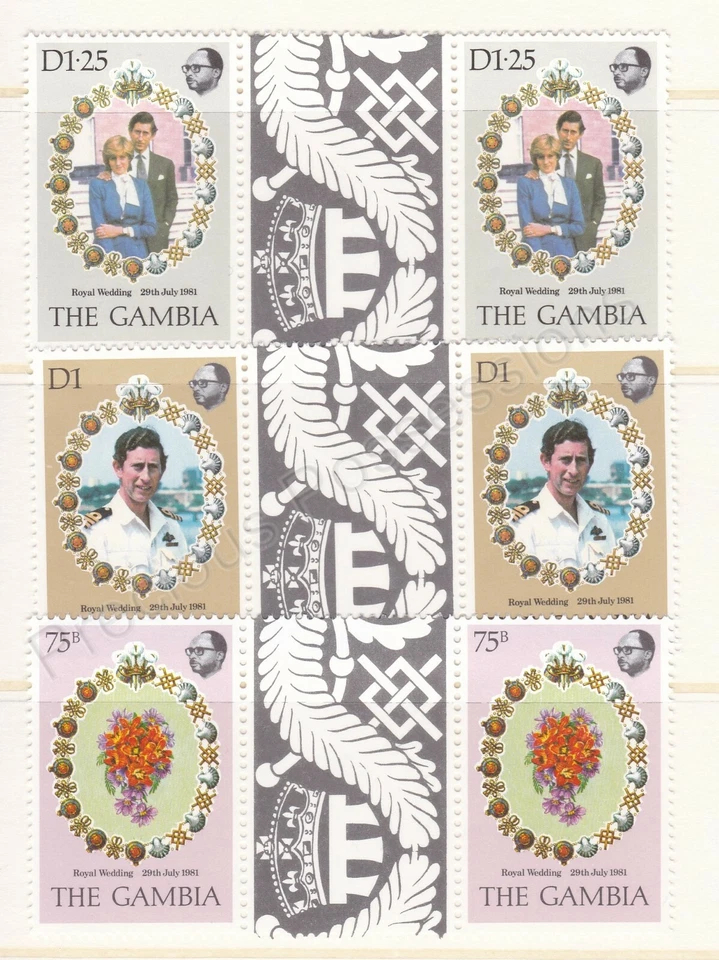 Juego de estampillas de boda real 1981 Carlos y Diana MNH Gambia SG 454-456 PARES DE CANALETAS Foto 1 de 1