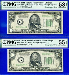 1934 1934A $50 Chicago FRN PMG 58EPQ hard to find changeover Fr 2102-G Fr 2103-G - Picture 1 of 2