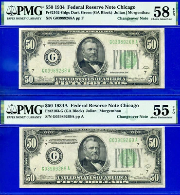 1934 1934A $50 Chicago FRN PMG 58EPQ hard to find changeover Fr 2102-G Fr 2103-G - Image 1 of 2