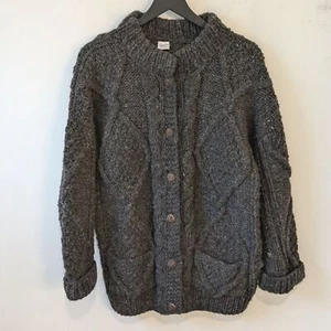 Vintage Hand Made 100% Wool Chunky Cable Knit Fisherman Sweater Cardigan Large - Picture 1 of 6