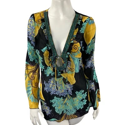 Nuevo con etiquetas Top túnica Hale Bob Cabana mezcla de seda con cuentas - Pequeño Resort Boho Foto 1 de 4