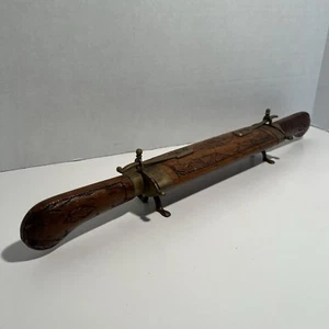 Meat Carving Knife Fork Hand Carved Wood and Brass Set Made In India Vintage - Picture 1 of 12