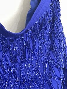 Vintage Blue Beaded Skirt Midi Length Silk Lined Womens Skirt Size XL Evening