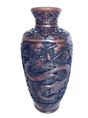 Jarrón chino cinabrio dragón resina escultural asiática oriental flor tarro 9,5" Foto 1 de 4