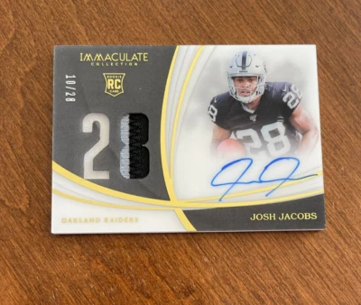 Josh Jacobs 2019 Immaculate Rookie Jersey Number Auto Packers Raiders /28 RC - Image 1 of 2