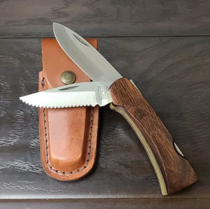 Vintage Western Coleman C102 Two Blade Knife, Wood Handle Scales, Leather Sheath - Picture 1 of 8