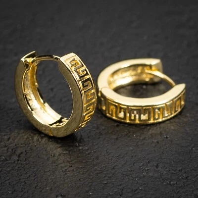 Pendientes de aro de plata de ley 925 con llave griega chapados en oro amarillo macizo para hombre Foto 1 de 4