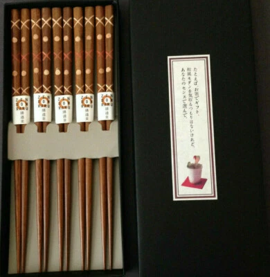 SET of 5 Pairs Japanese Natural Wood Wooden Chopsticks Hair Stick Set Gift Boxed - Image 1 of 2