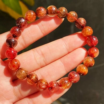 8.5mm Natural Copper Rutilated Quartz Crystal Stretch Beads Bracelet AAAA 10 - Image 1 of 4