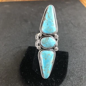 Anillo Kingman 3 Piedras HG Turquesa Plata de Ley Firmado W Denetdale Talla 9 0082 - Imagen 1 de 4