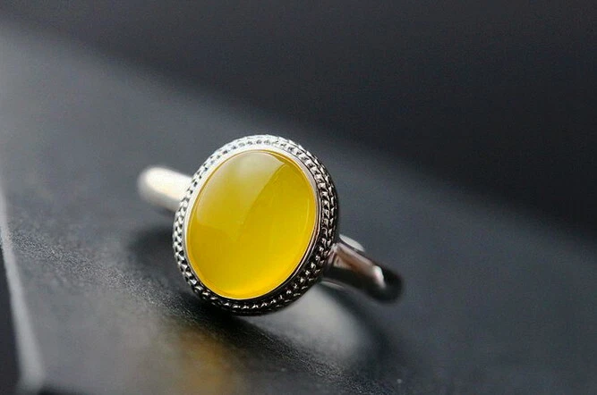 D10 Anello Calcedonio Giallo Bordo Intrecciato 925 Argento Sterling Regolabile - Immagine 1 di 4