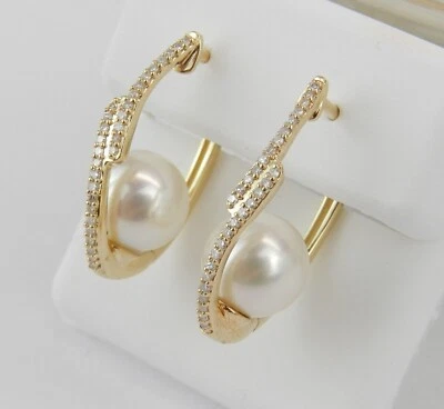 2.50Ct Round Pearl and Real Moissanite Hoop Earrings Gift 14k Yellow Gold Plated - Image 1 of 4