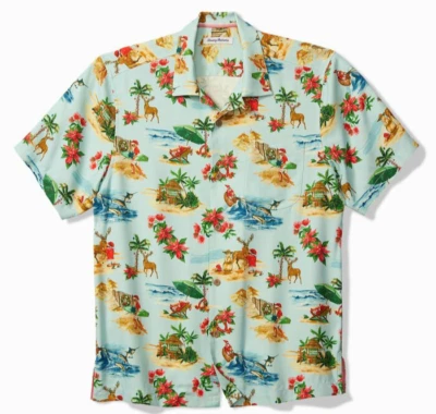 $158 TOMMY BAHAMA MENS SANTA SHORES HAWAIIAN CHRISTMAS ALOHA CAMP SHIRT 2XL XXL - Image 1 of 4