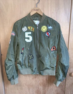 It Girl Green Bomber Jacket Size Small With Patches Lightweight Full Zip - Picture 1 of 5