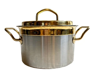 Silga Teknika 18/10 Stainless Steel Stock Pot Gold Brass Lid & Handles Italy - Picture 1 of 17