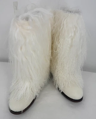 Bearpaw Boticia White Mongolian Curly Lamb Pony Hair Fur Tall Heeled Boots Sz 9 - Image 1 of 4