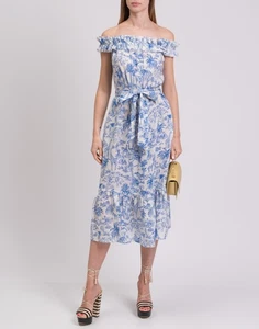 RRP €419 TORY BURCH Linen Off The Shoulders Dress Size S Jungle Print Waist Tie - Picture 1 of 7