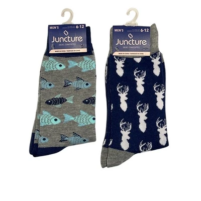 FISH & DEER SOCKS(2 双)男式新奇连衣裙(适合鞋码 6-12)狩猎 — 第 1/2 张图片