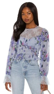 Free People Women Top blue lace cropped silver blue long sleeve size large New! - Picture 1 of 4