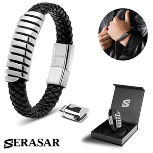 SERASAR | Herren Premium Lederarmband [Helix] - Schwarz, Silber & Gold Farben - Bild 1 von 25