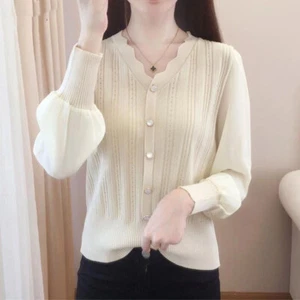Ruffled V-neck Solid Color Knitted Blouses Sweaters Women Vintage Office Lady - Picture 1 of 8