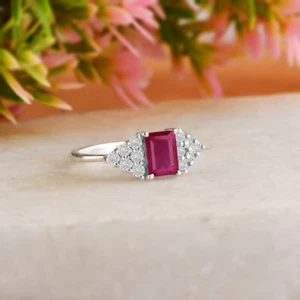Anello Fatto a Mano Argento Sterling 925 Pietra Preziosa Rubino Naturale & Diamante Da Regalo - Foto 1 di 4