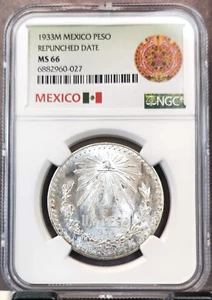 1933 MEXICO SILVER 1 PESO REPUNCHED DATE NGC MS 66 RARE GEM VARIETY - Picture 1 of 3