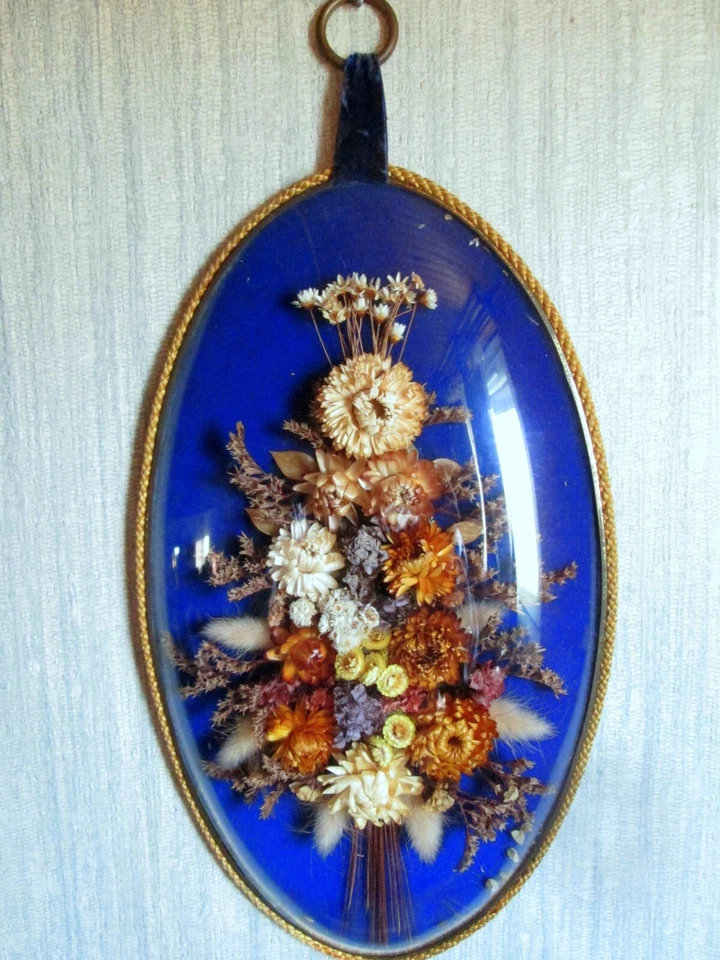 CADRE VERRE BOMBE Napoléon III Fleurs Sechées Souvenir Mariage Frame Rahmen XIXe - Photo 1/4