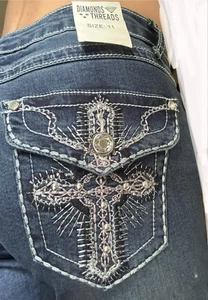 Pantalones de mezclilla Diamonds & Threads Junior’s embellecidos con solapa bolsillo SlimBoot, talla 11 NUEVO - Imagen 1 de 10