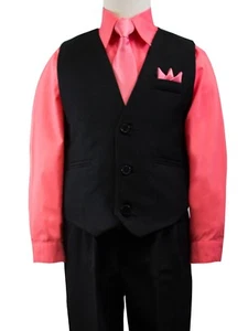 Boys Solid Black Vest Suit Set with Colored Dress Shirt, Tie, Size 2T-14 Wedding - Picture 1 of 11