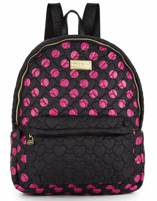 BETSEY JOHNSON Backpack Tie The Knot Quilted Hearts Nylon Polka Dot Fuchsia Blk - Image 1 of 4