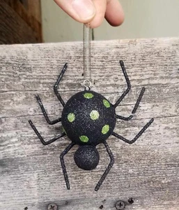 Halloween Ornament Black Glittered Tin Spider with Green Polka Dots 180 Degrees - Picture 1 of 1