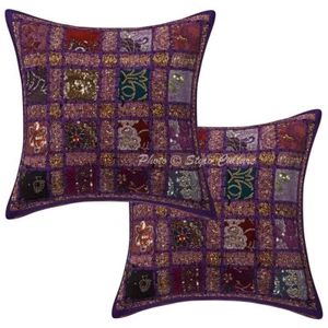 Indian Sequins Patchwork Cotton Cushion Pillow Covers Purple Geometrical Set Of - Picture 1 of 3